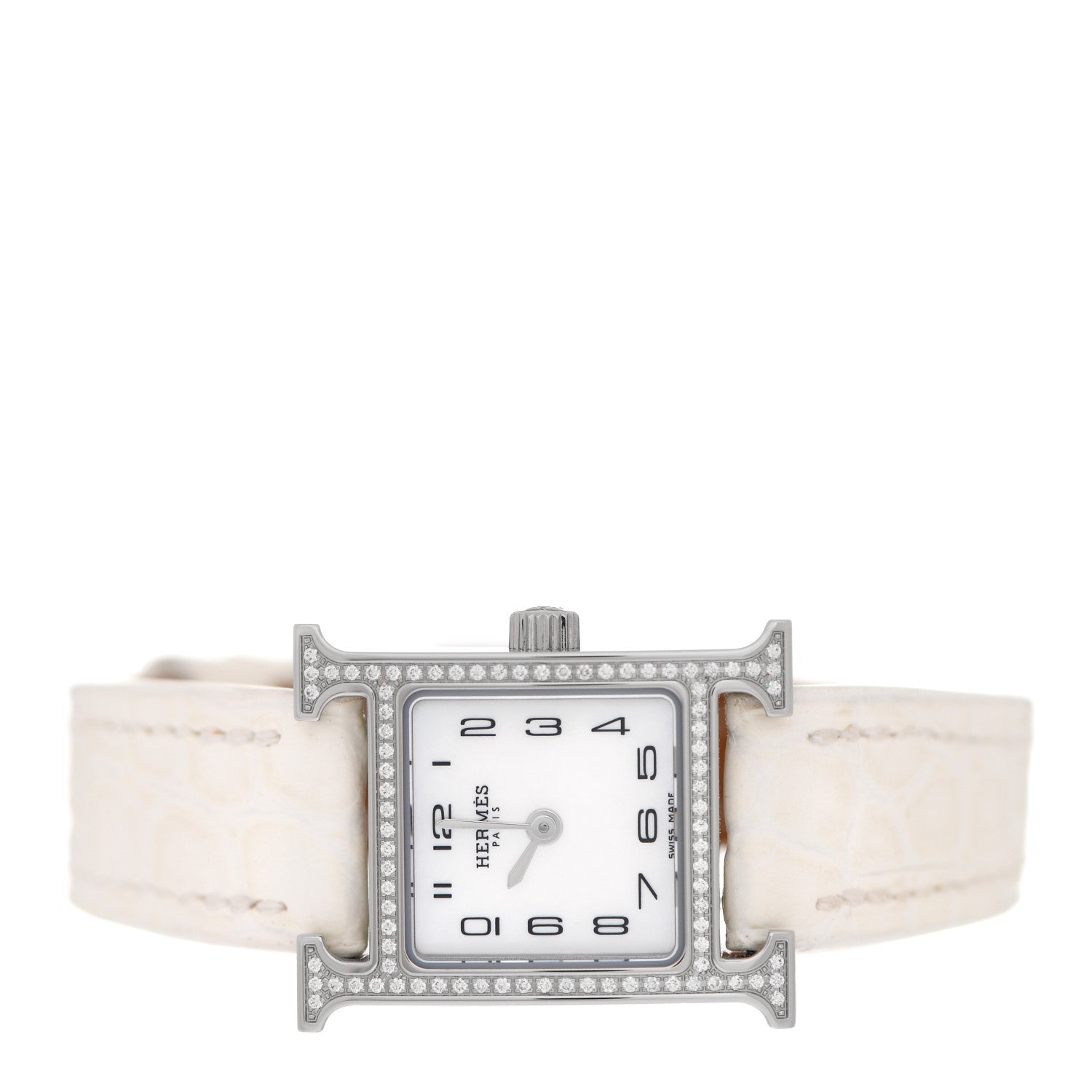 Hermes Stainless Steel Alligator Diamond Bezel Mother of Pearl 17.2mm Heure H Hour Quartz Watch Blanc 4 of 5