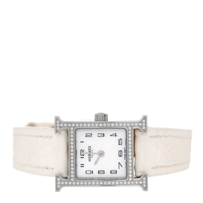 Hermes Stainless Steel Alligator Diamond Bezel Mother of Pearl 17.2mm Heure H Hour Quartz Watch Blanc 4 of 5