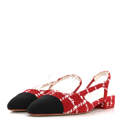 Chanel Tweed Grosgrain Cap Toe CC Slingback Flats 36 Red White 4 of 11