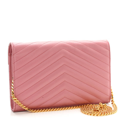 Saint Laurent Grain De Poudre Matelasse Chevron Monogram Chain Wallet Tender Pink 3 of 11