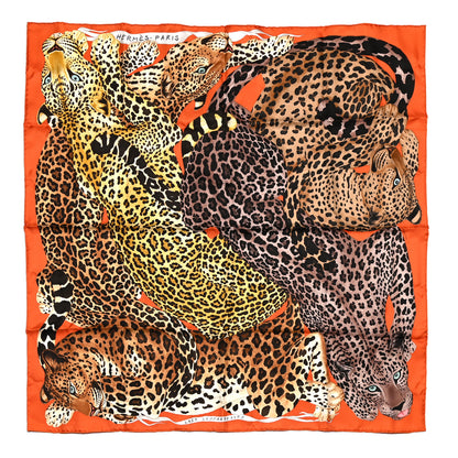 Hermes Silk Twill Lazy Leopardesses Scarf 90 Potiron Brun Miel 1 of 5