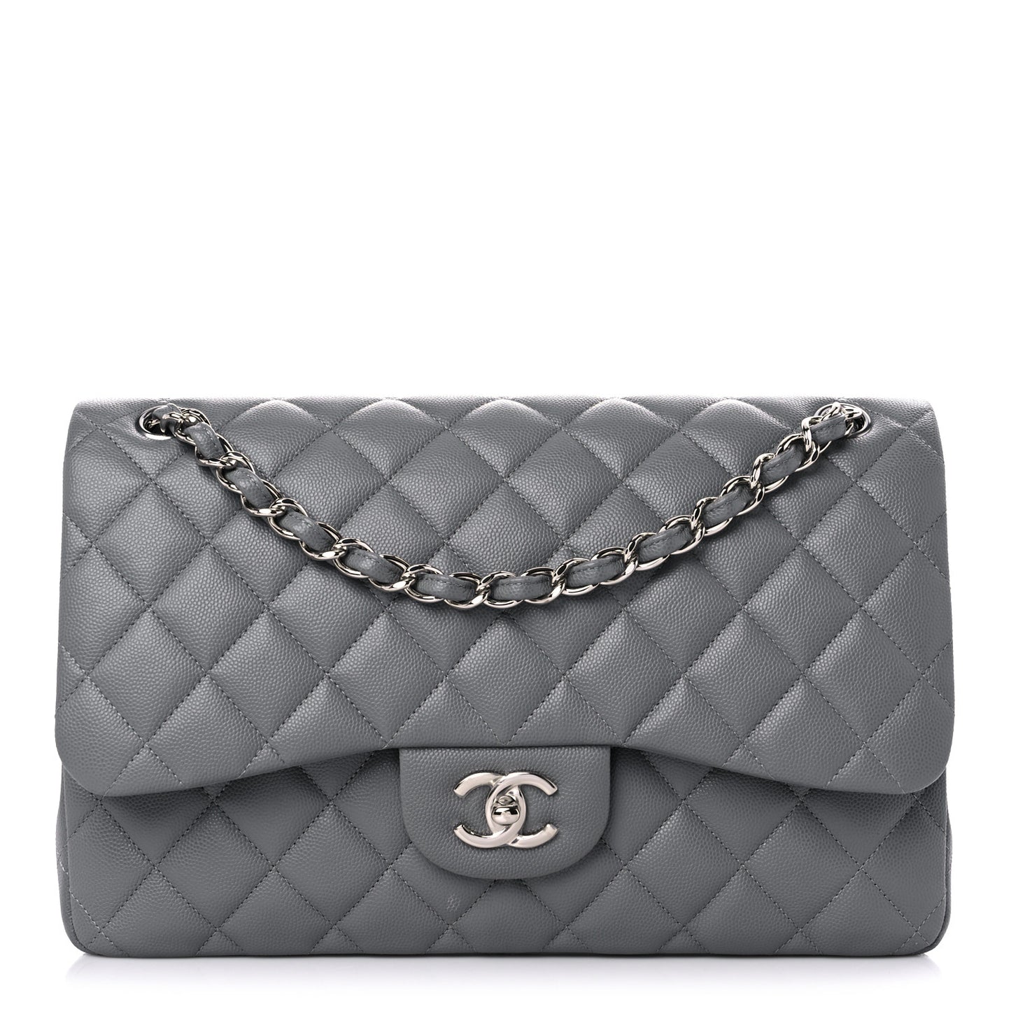 Caviar Quilted Jumbo Double Flap Grey