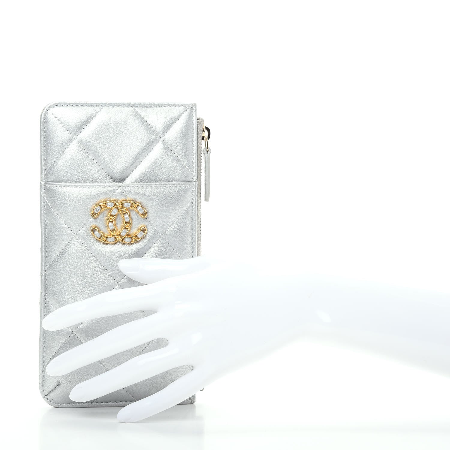 Chanel Metallic Goatskin Quilted Chanel 19 Flat Wallet Pouch Silver 2 of 10