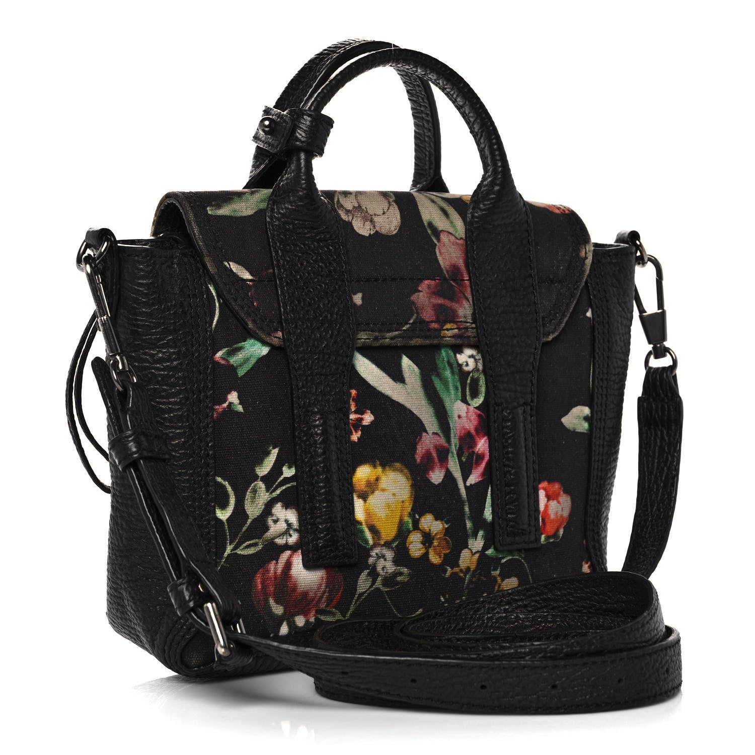 3.1 Phillip Lim Textured Calfskin Canvas Mini Floral Pashli Satchel Black Multicolor 2 of 16