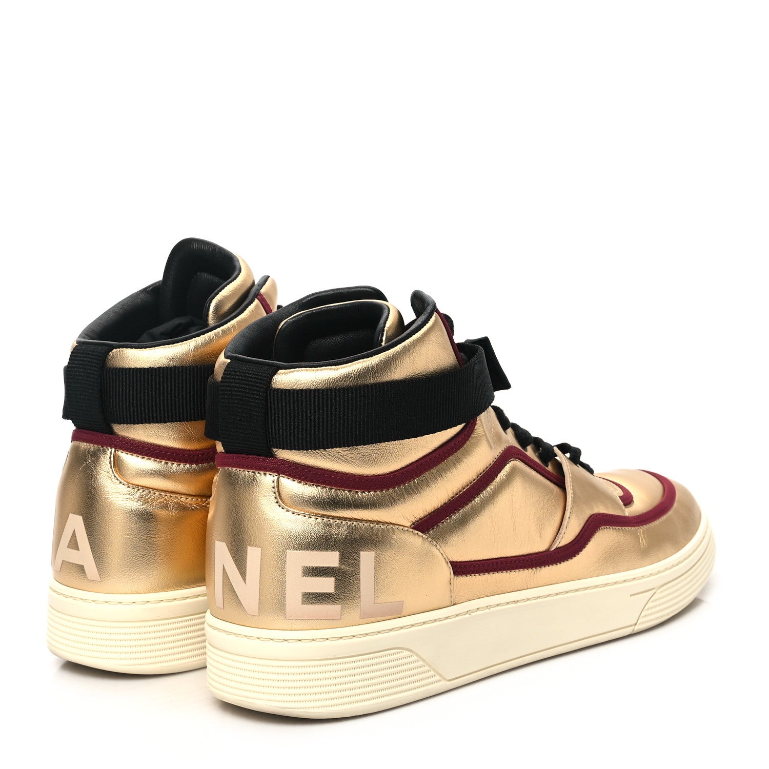 Chanel Metallic Satin Lambskin Mens Logo High Top Sneakers 46 Gold Burgundy 4 of 9