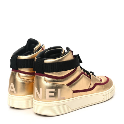 Chanel Metallic Satin Lambskin Mens Logo High Top Sneakers 46 Gold Burgundy 4 of 9