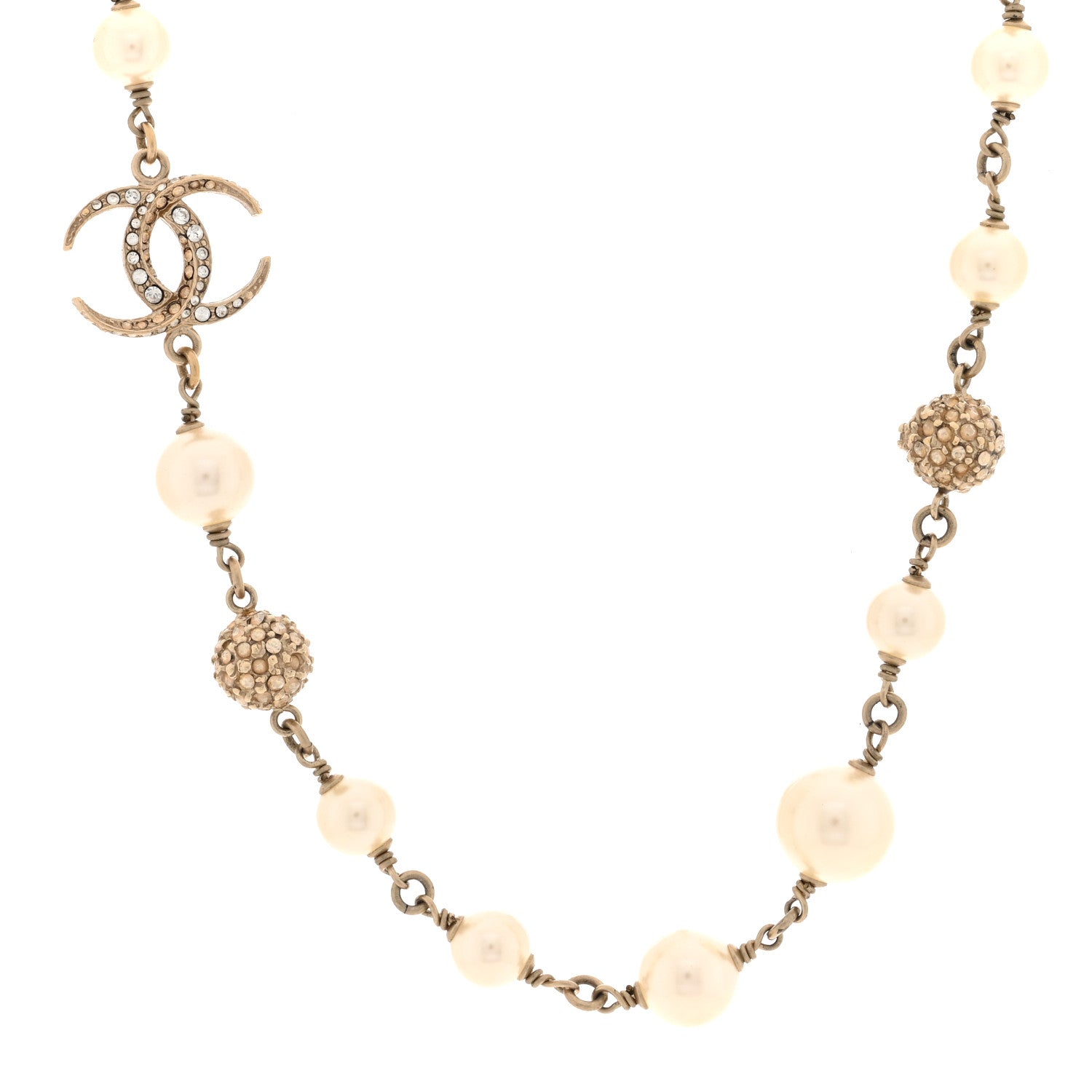 Chanel Pearl Crystal CC Moon Necklace Gold White 1 of 4