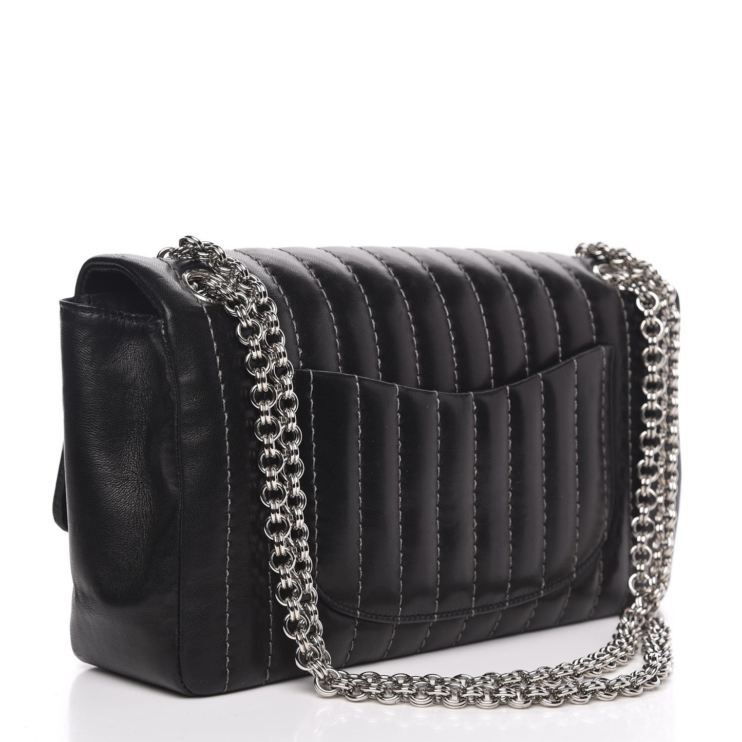 Lambskin Vertical Quilted Medium Single Flap Black