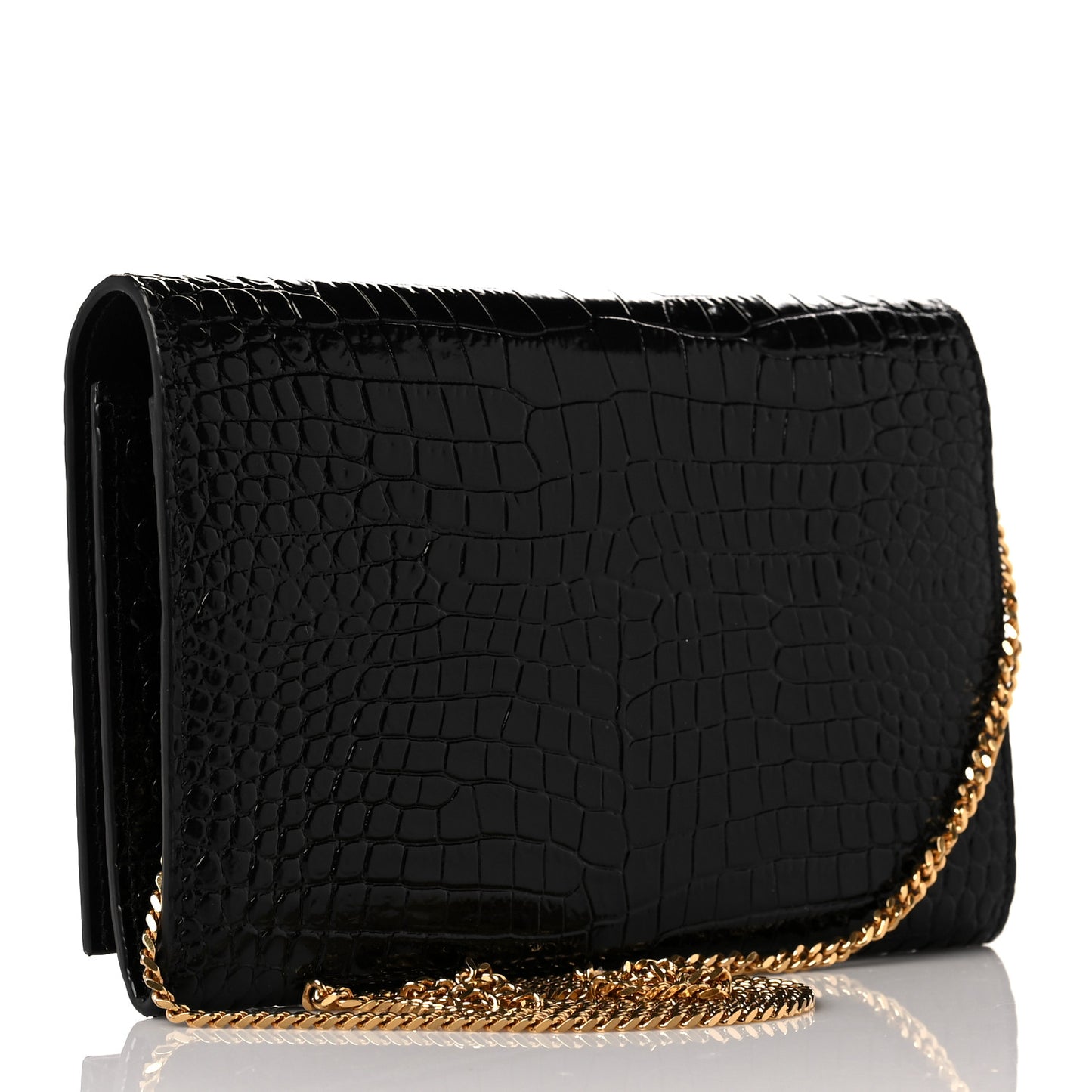 Calfskin Crocodile Embossed Monogram Chain Wallet Black