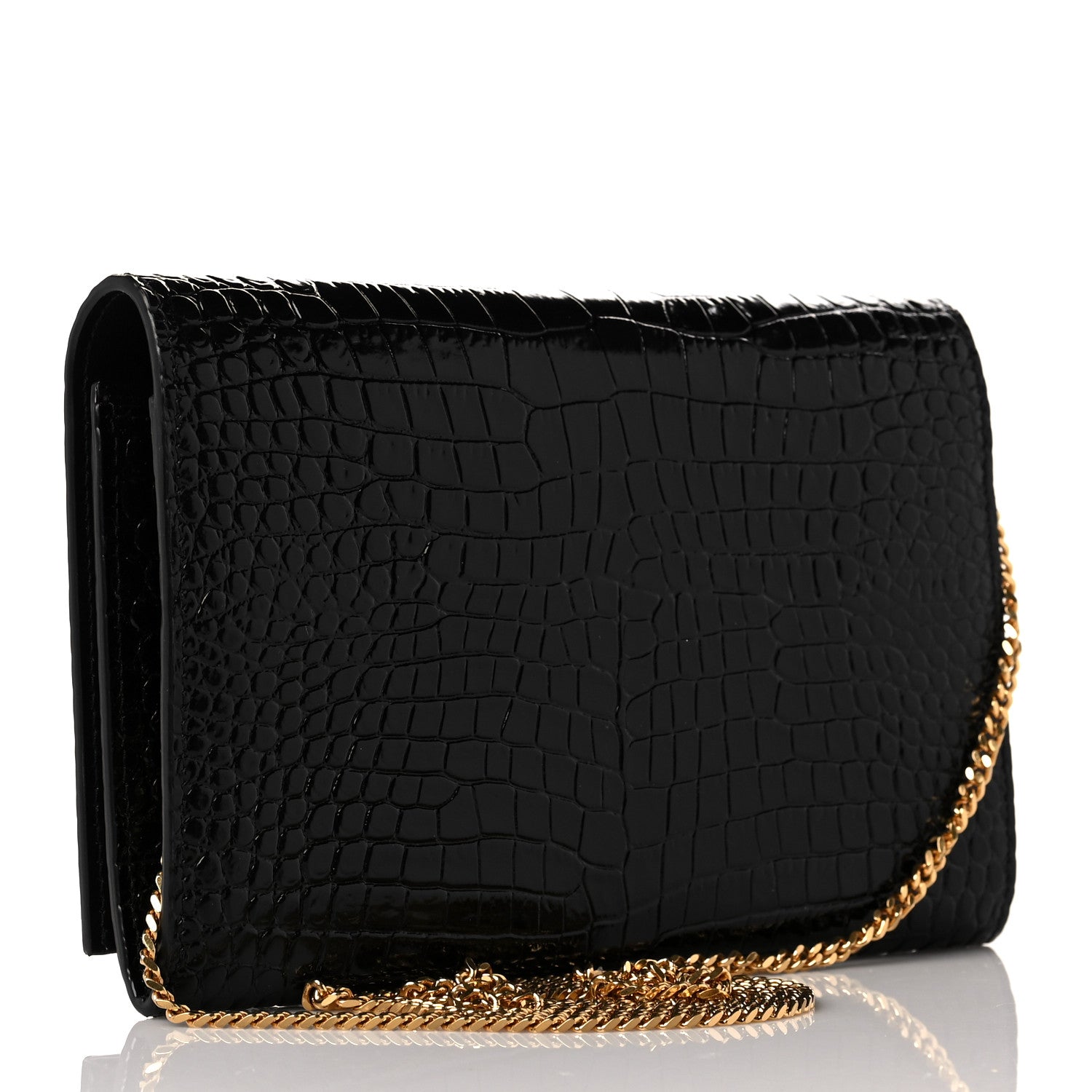 Saint Laurent Calfskin Crocodile Embossed Monogram Chain Wallet Black 3 of 8