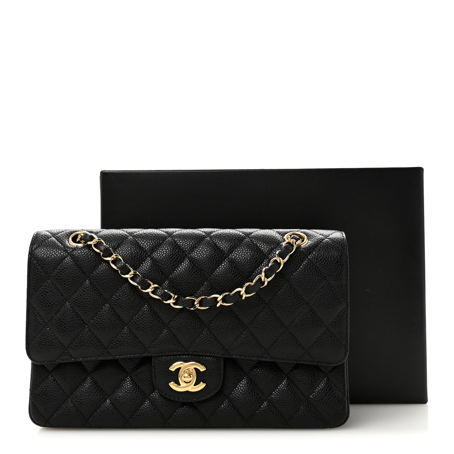 Caviar Quilted Medium Double Flap Black Black