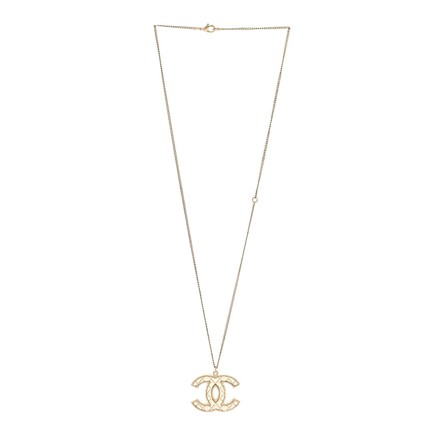 Chanel Metal Quilted CC Pendant Necklace Gold White 3 of 5