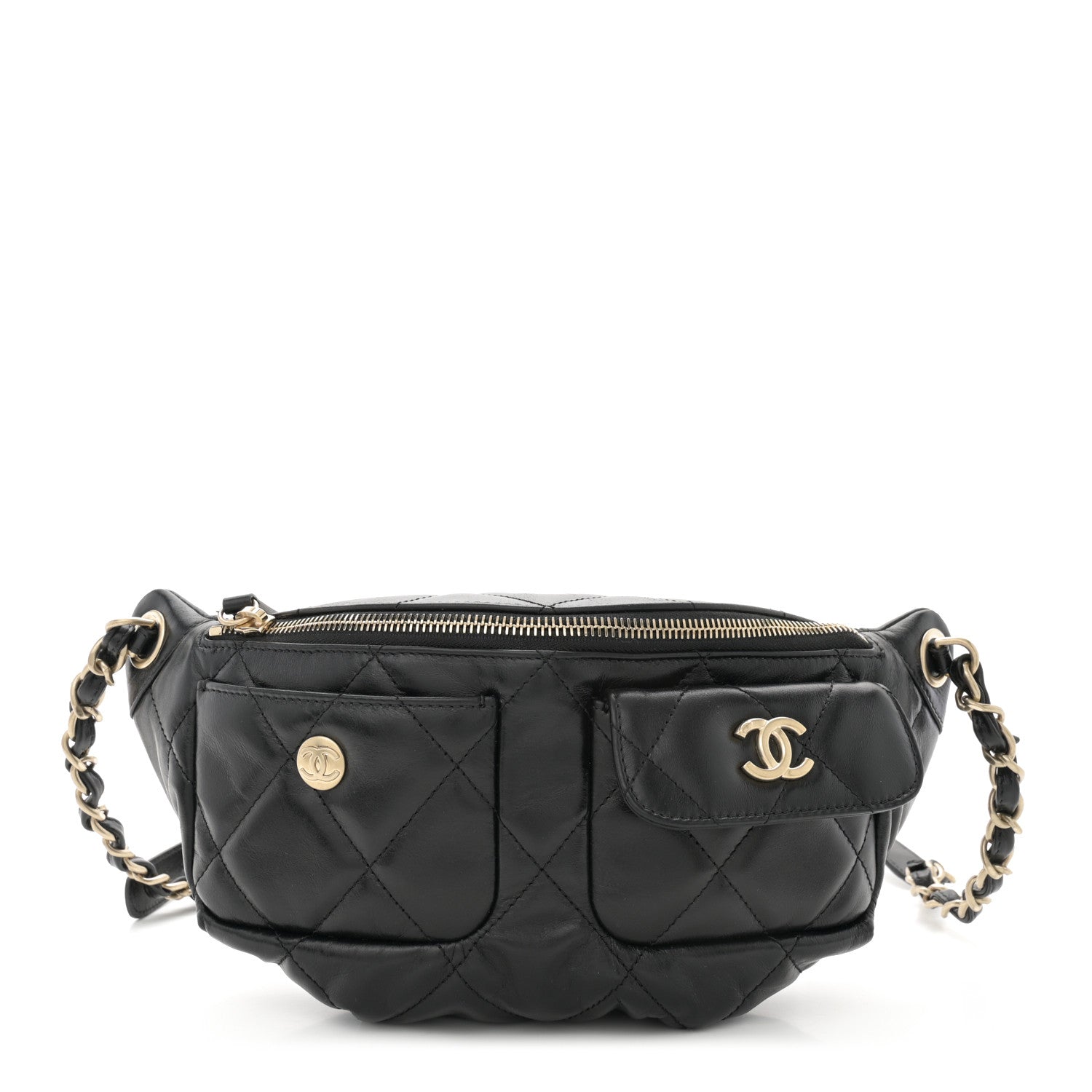 Chanel Shiny Aged Calfskin Quilted CC Pockets Jacket Waist Belt Bag Black 1 of 10