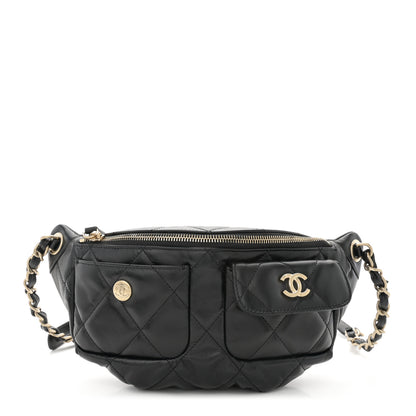 Chanel Shiny Aged Calfskin Quilted CC Pockets Jacket Waist Belt Bag Black 1 of 10