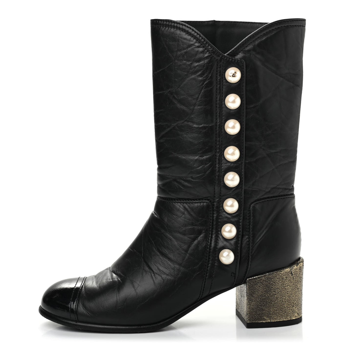 Calfskin Patent Pearl Cap Toe Boots 37 Black