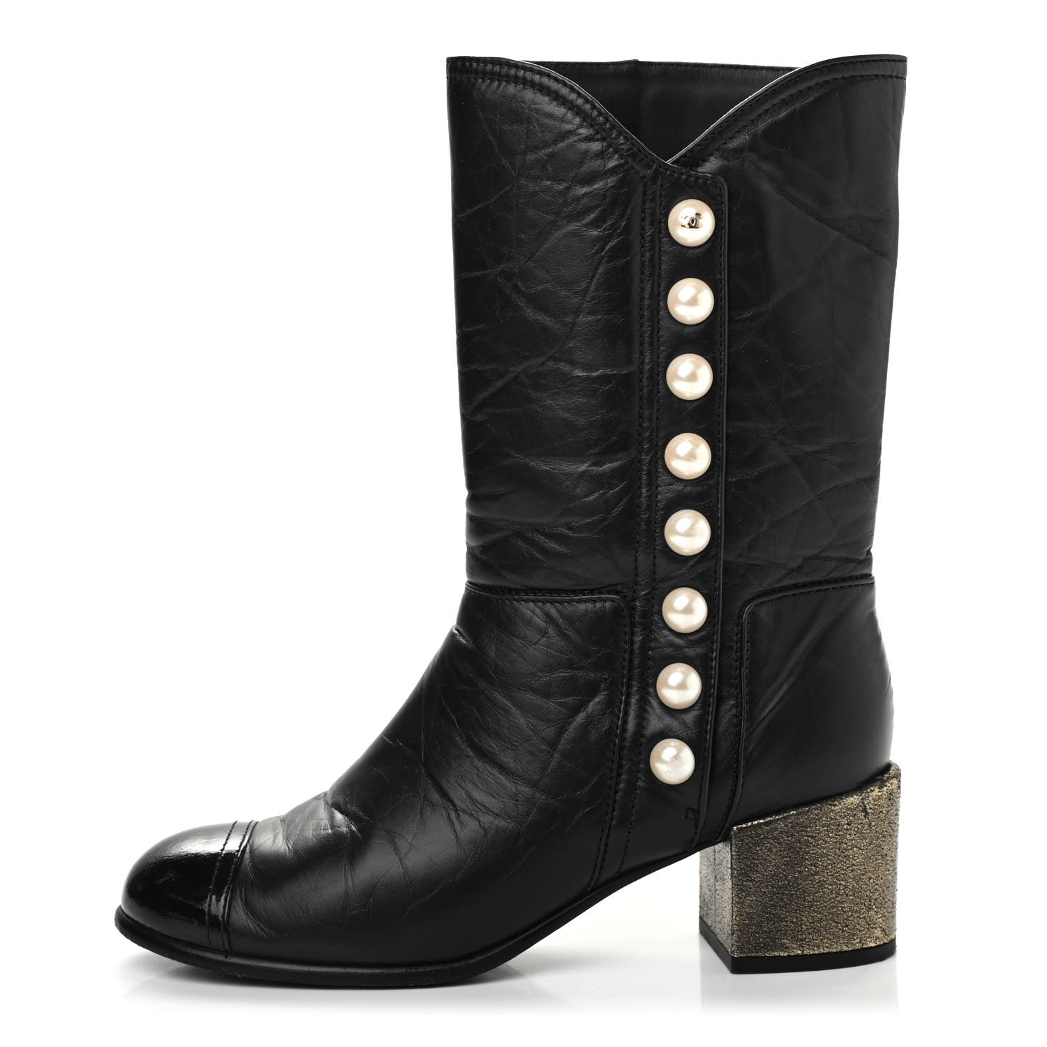 Chanel Calfskin Patent Pearl Cap Toe Boots 37 Black 1 of 10