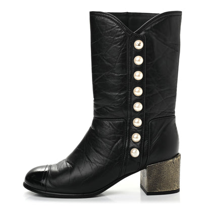 Chanel Calfskin Patent Pearl Cap Toe Boots 37 Black 1 of 10