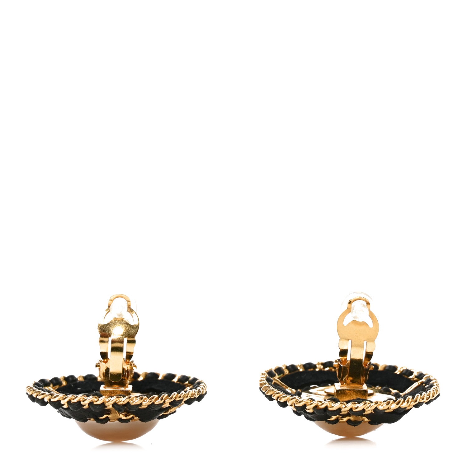Chanel Lambskin Lambskin Pearl Round Clip On Earrings Gold Black 3 of 4