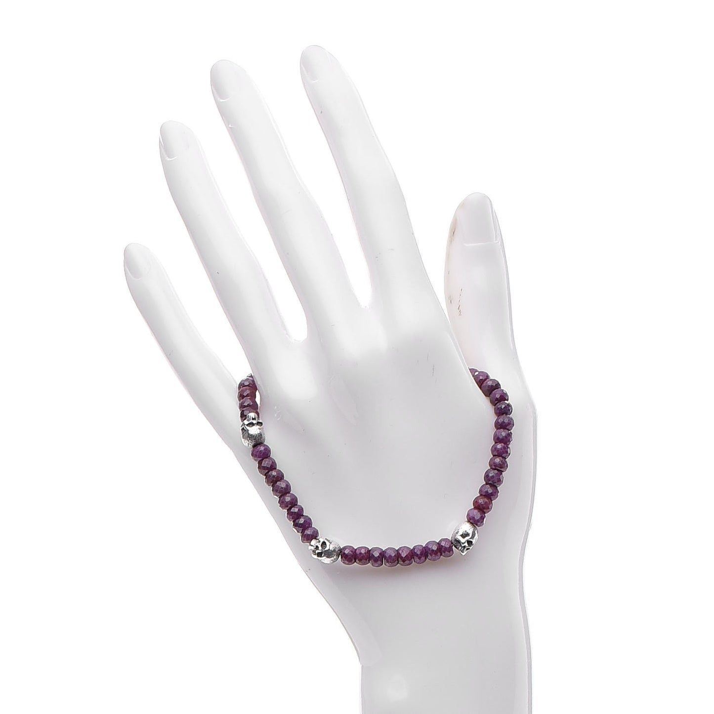 Sterling Silver Ruby 5mm Spiritual Beads Skull Station Bracelet M