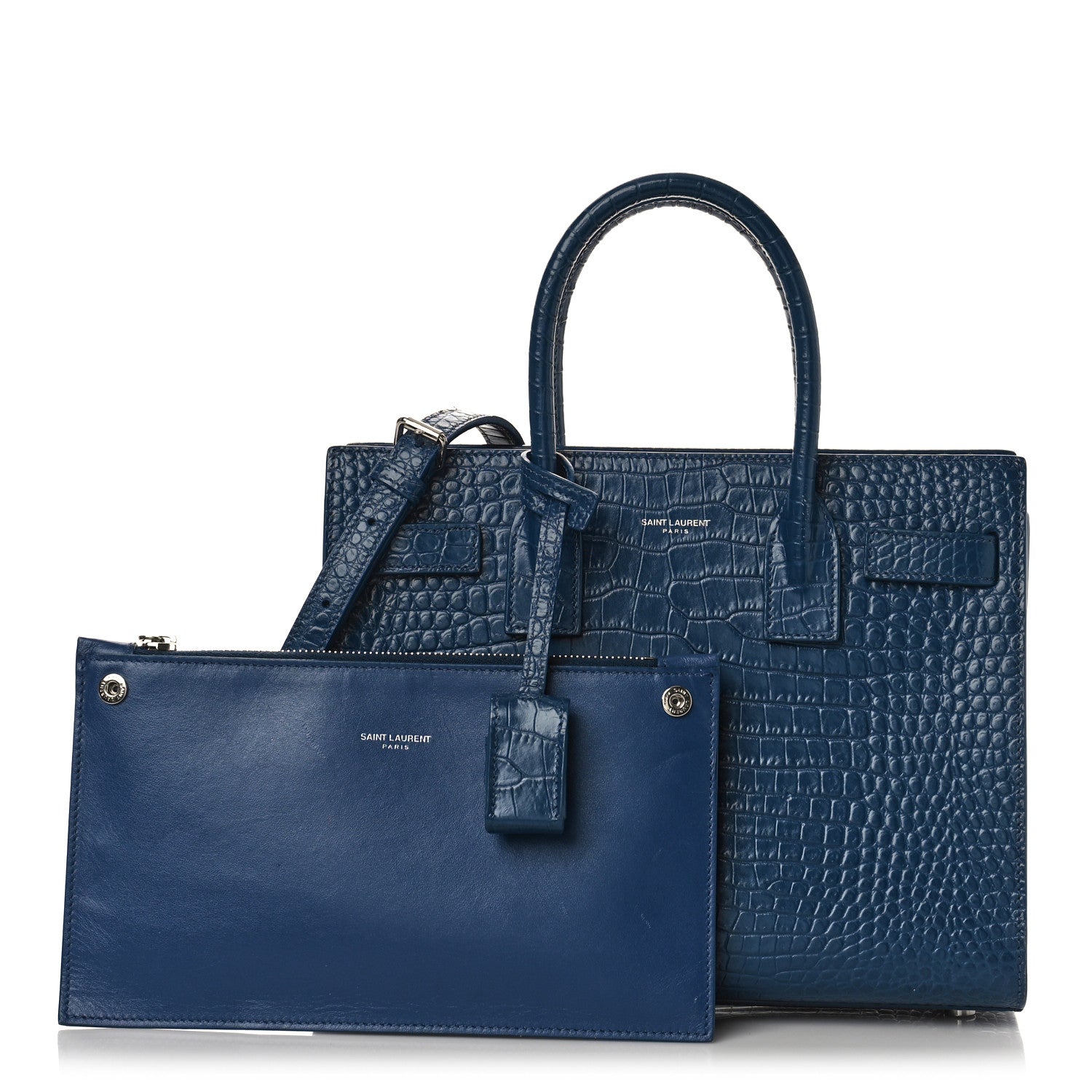 Saint Laurent Calfskin Crocodile Embossed Small Sac de Jour Blue 1 of 14