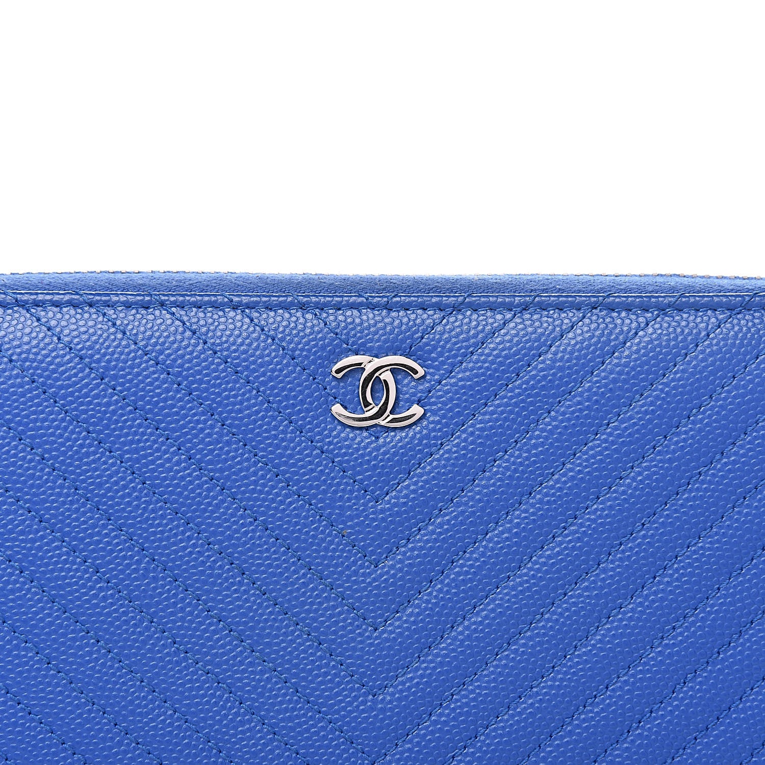 Chanel Caviar Chevron Quilted Large Gusset Zip Around Wallet Bright Blue 9 of 11