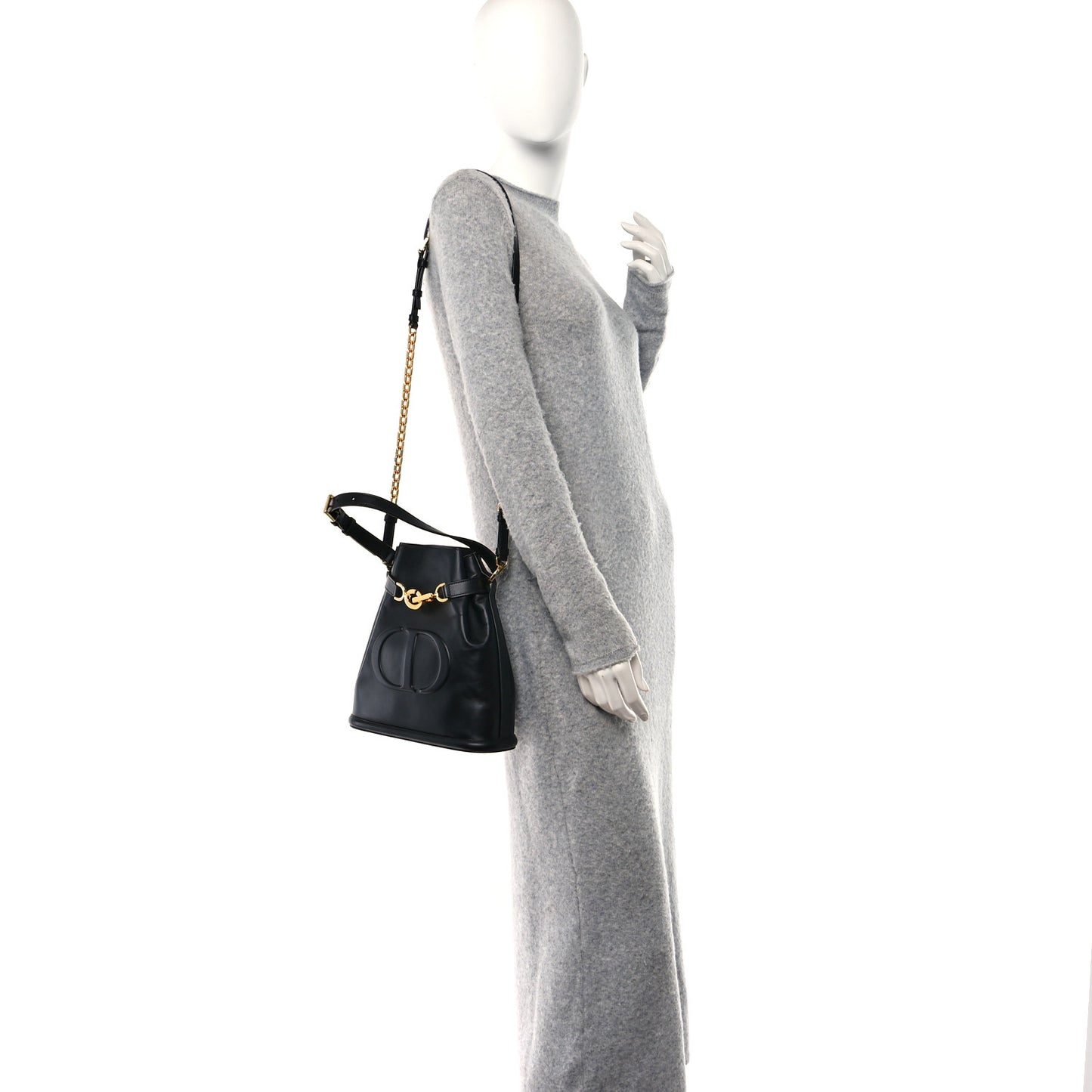 Calfskin CD Embossed Medium C'est Chain Bucket Bag Black
