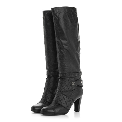 Chanel Aged Calfskin Quilted Knee High CC Boots 38.5 Black 3 of 12