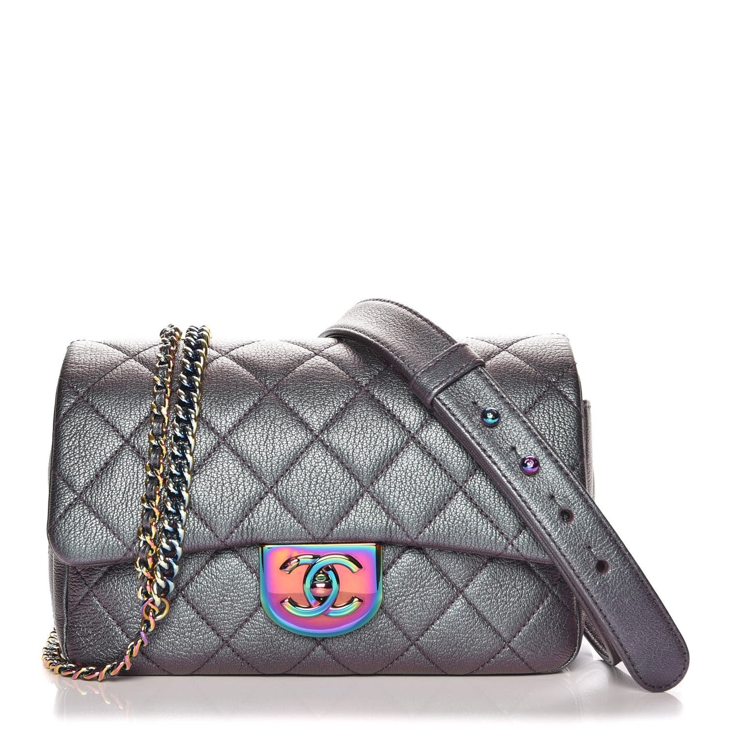 Iridescent Goatskin Quilted Small Double Carry Waist Chain Flap Purple