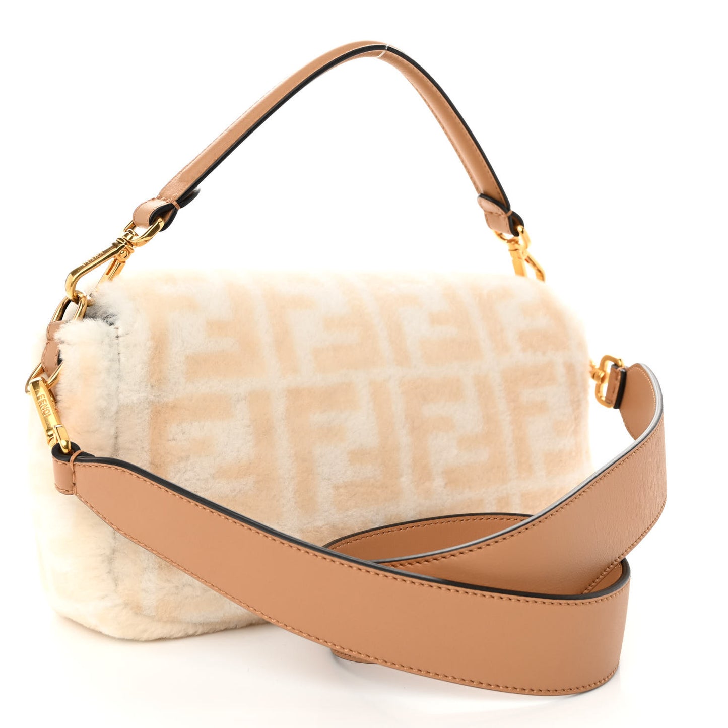 Shearling Vitello Dolce Macro FF 1974 Baguette White Ice Cuoio Miele Scuro