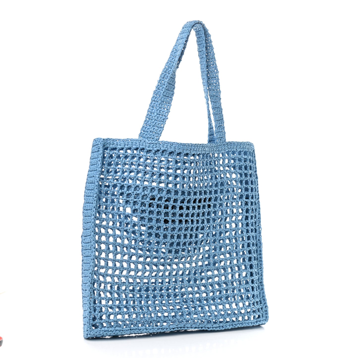 Yarn Raffia Effect Crochet Logo Embroidered Tote Bag Celeste