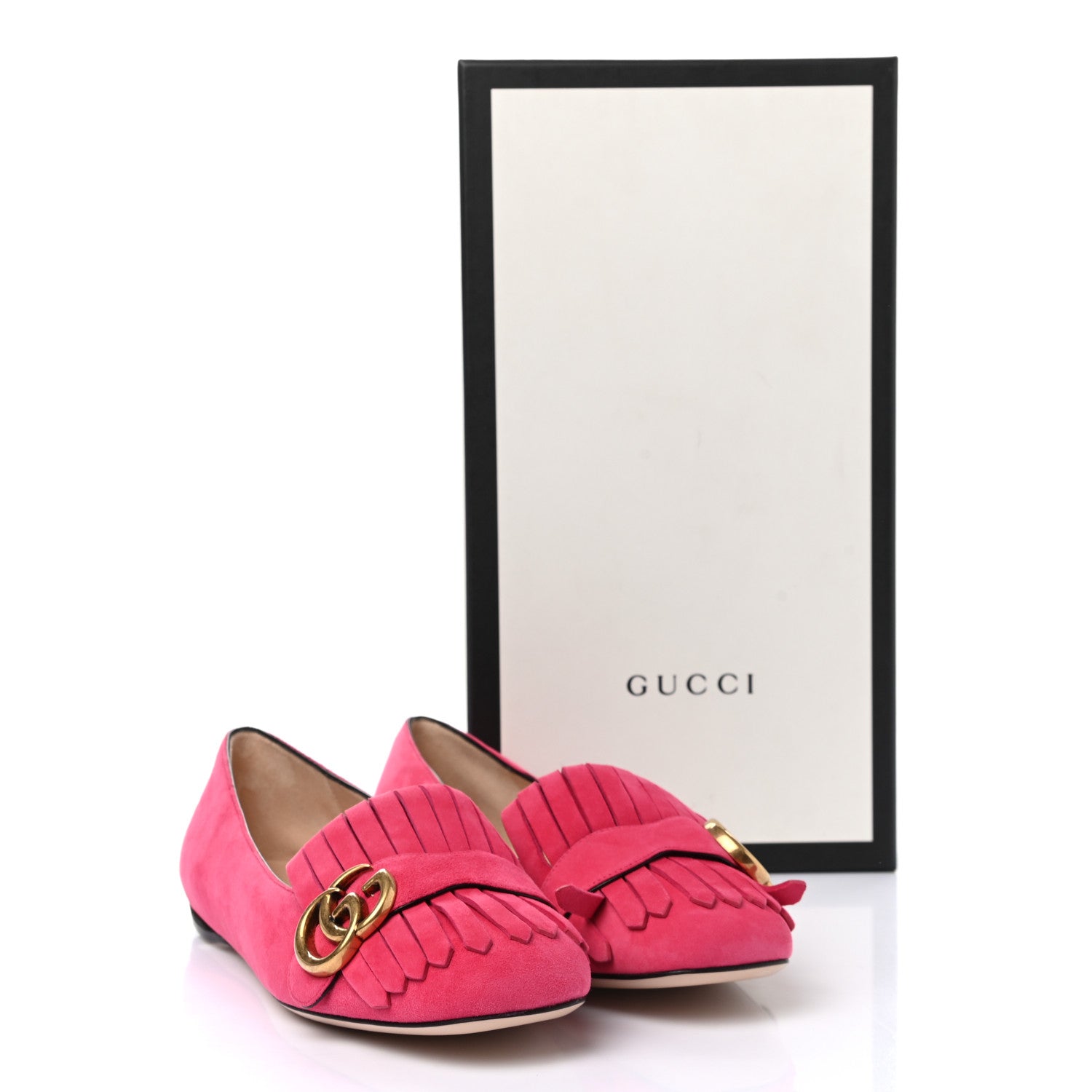 Gucci Kid Scamosciato GG Marmont Fringe Flats 37.5 Hot Pink 9 of 9