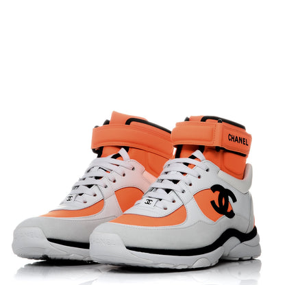 Chanel Suede Calfskin Lambskin Neoprene High Top CC Sneakers 36 White Fluo Orange 3 of 9