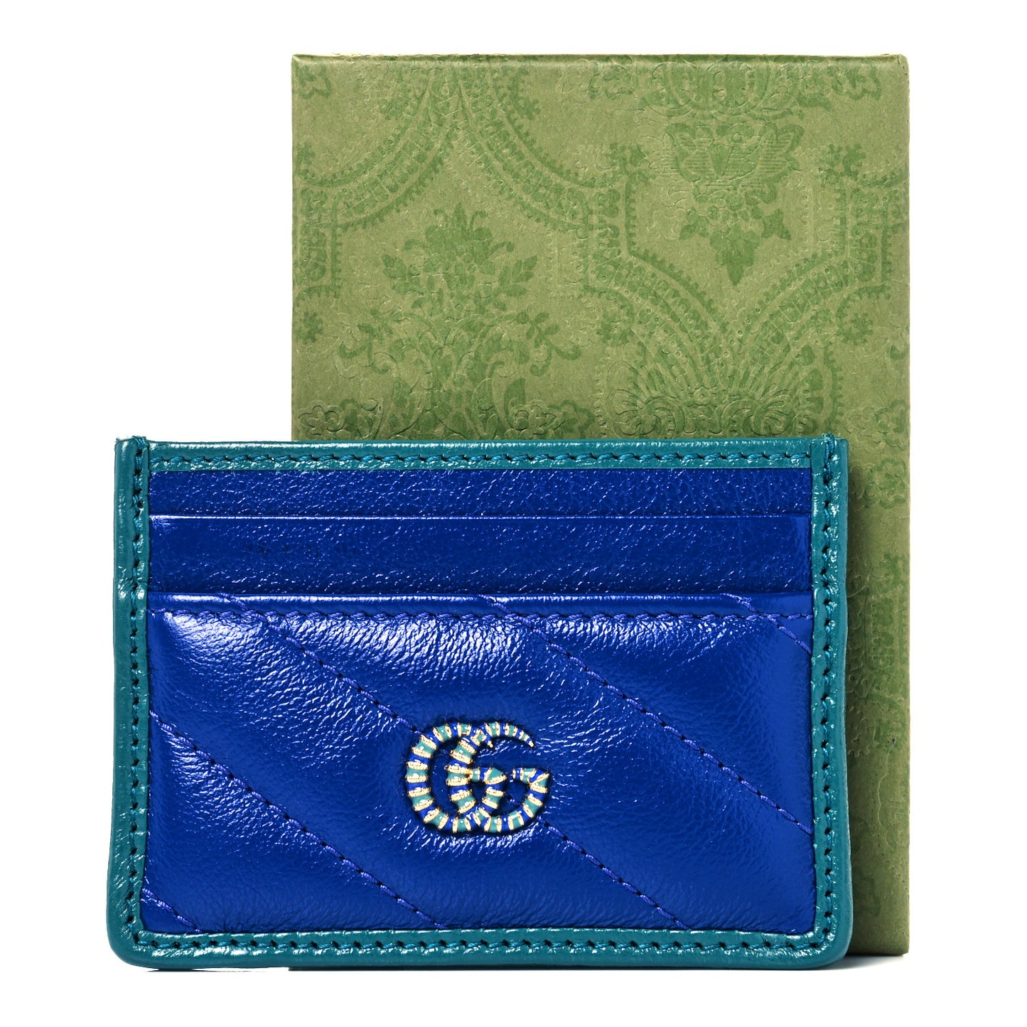 Azalea Calfskin Matelasse Diagonal Enamel Torchon GG Marmont Card Holder Imperial Blue Pavone