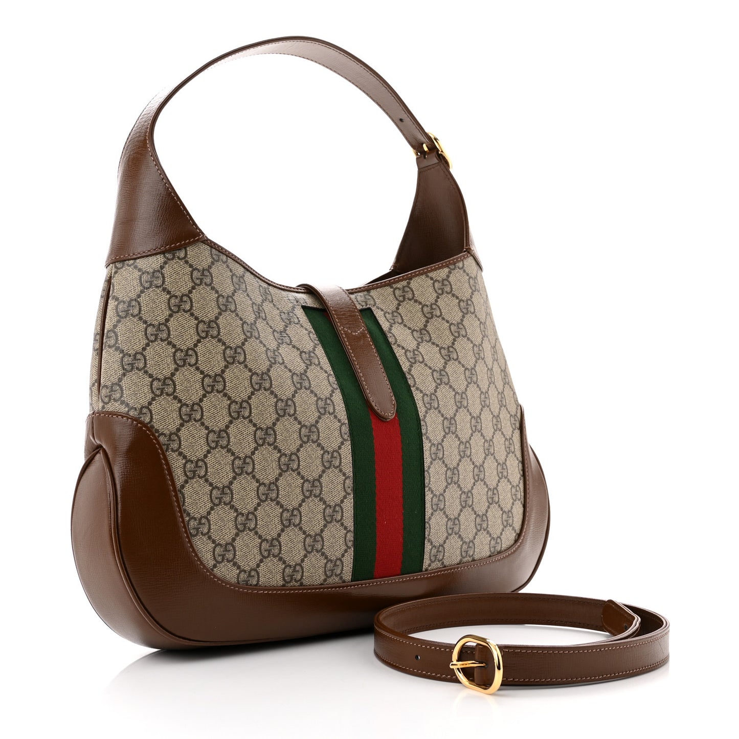 GG Supreme Monogram Azalea Calfskin Web Medium Jackie 1961 Hobo Beige Ebony Brown Sugar