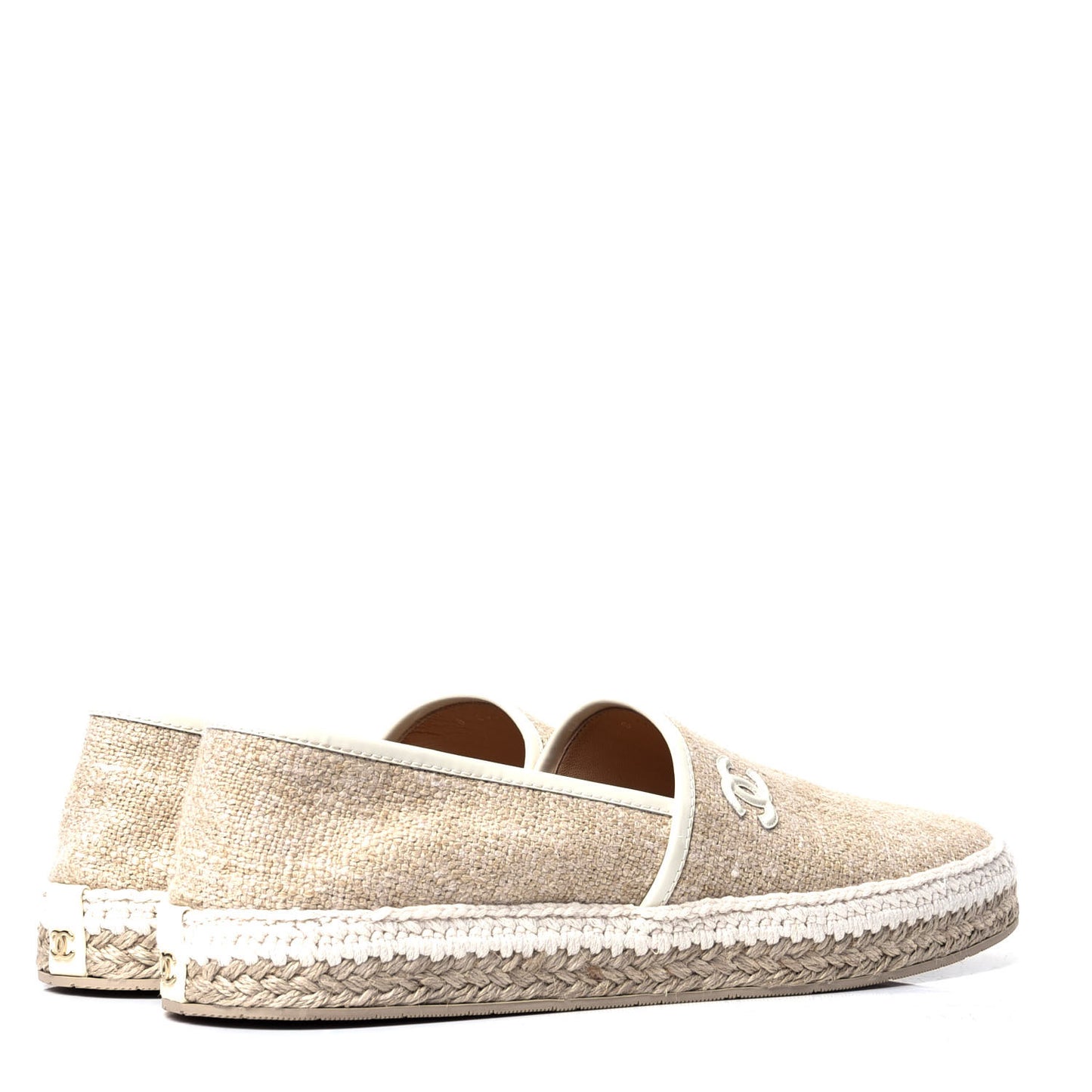 Fabric Patent Calfskin CC Espadrilles White Beige
