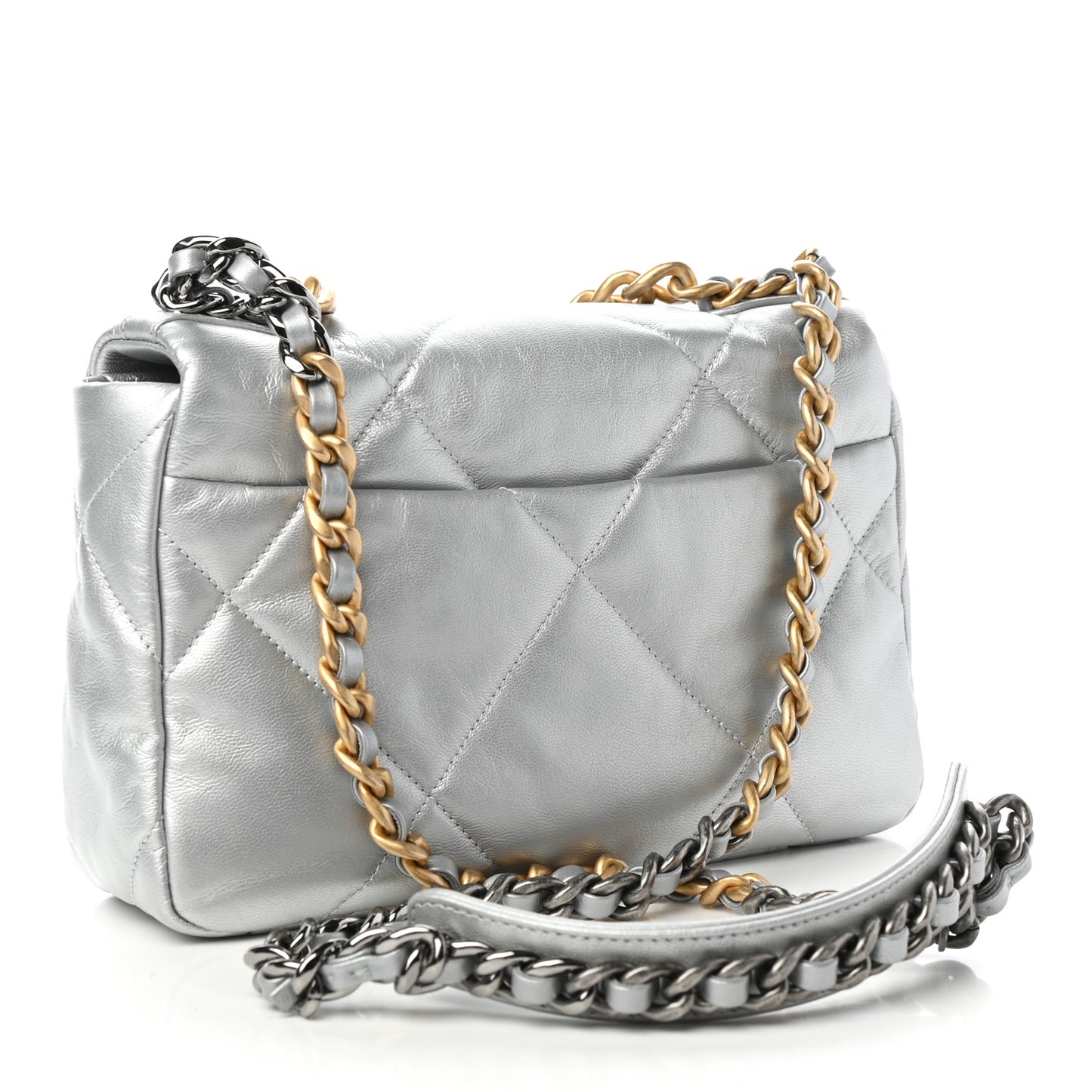 Metallic Goatskin Quilted Medium Chanel 19 Flap Silver