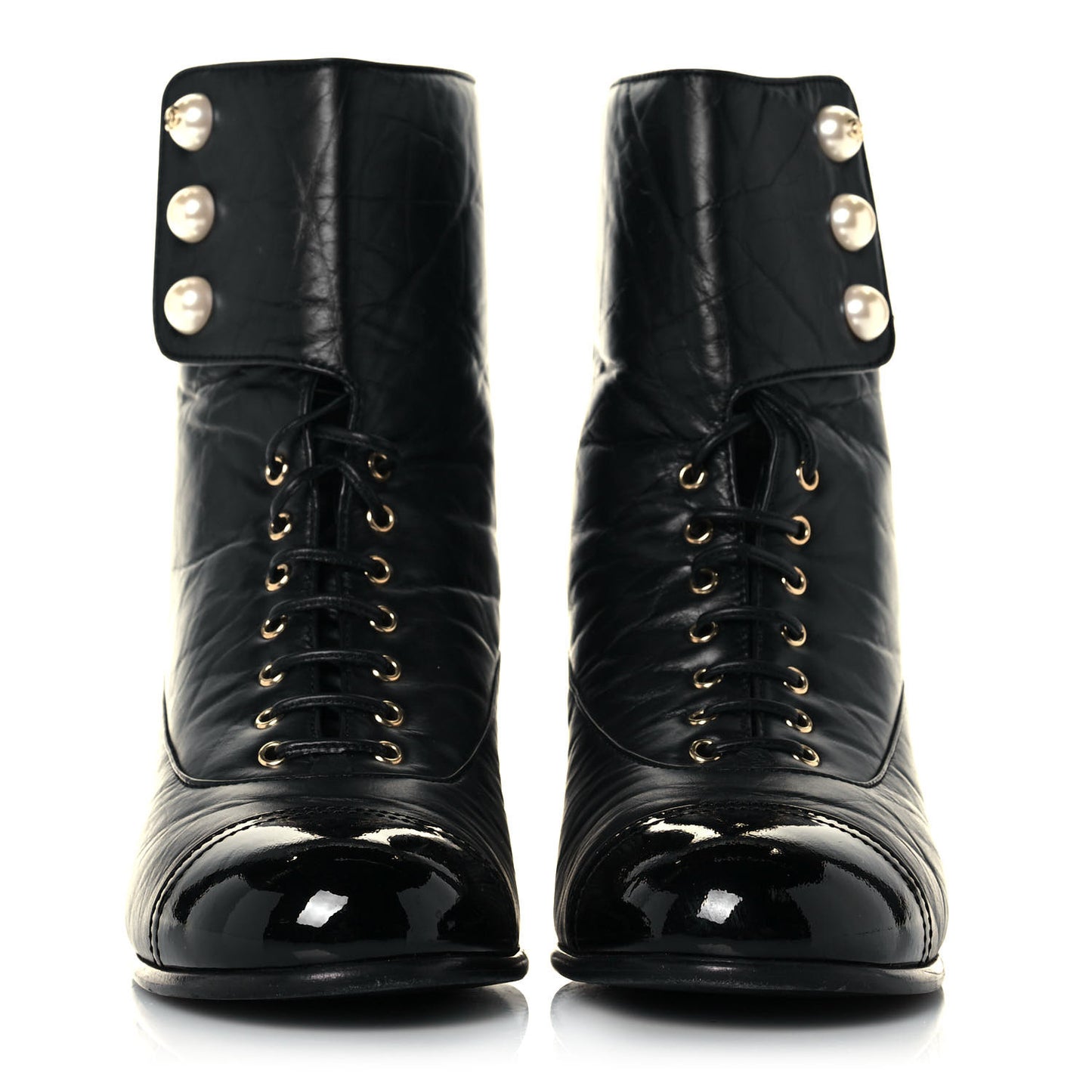 Calfskin Patent Pearl Short Boots 40 Black Gold