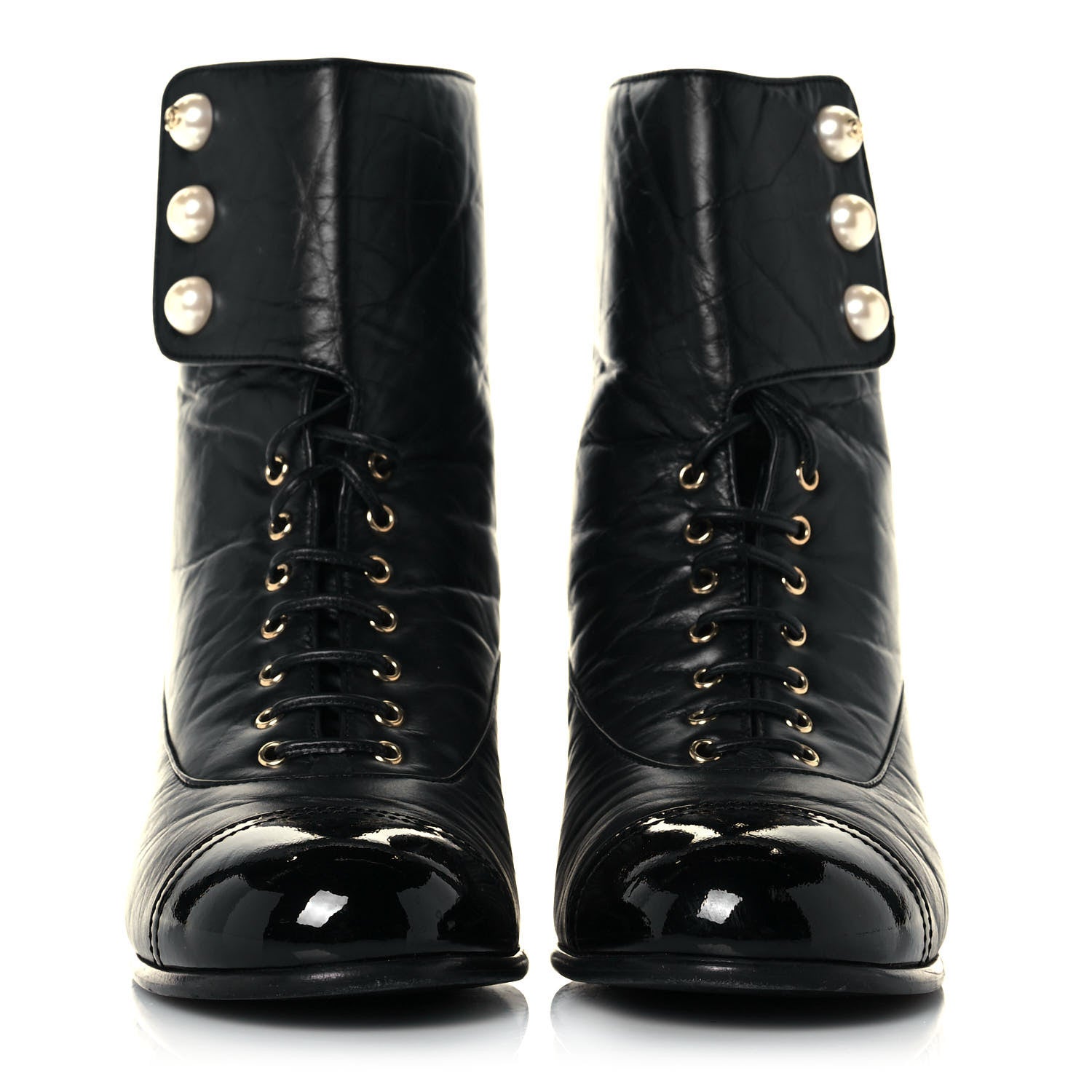Chanel Calfskin Patent Pearl Short Boots 40 Black Gold 2 of 10
