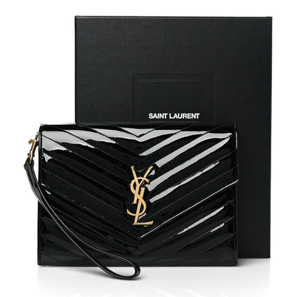 Saint Laurent Patent Matelasse Chevron Monogram Envelope Clutch Black 11 of 11