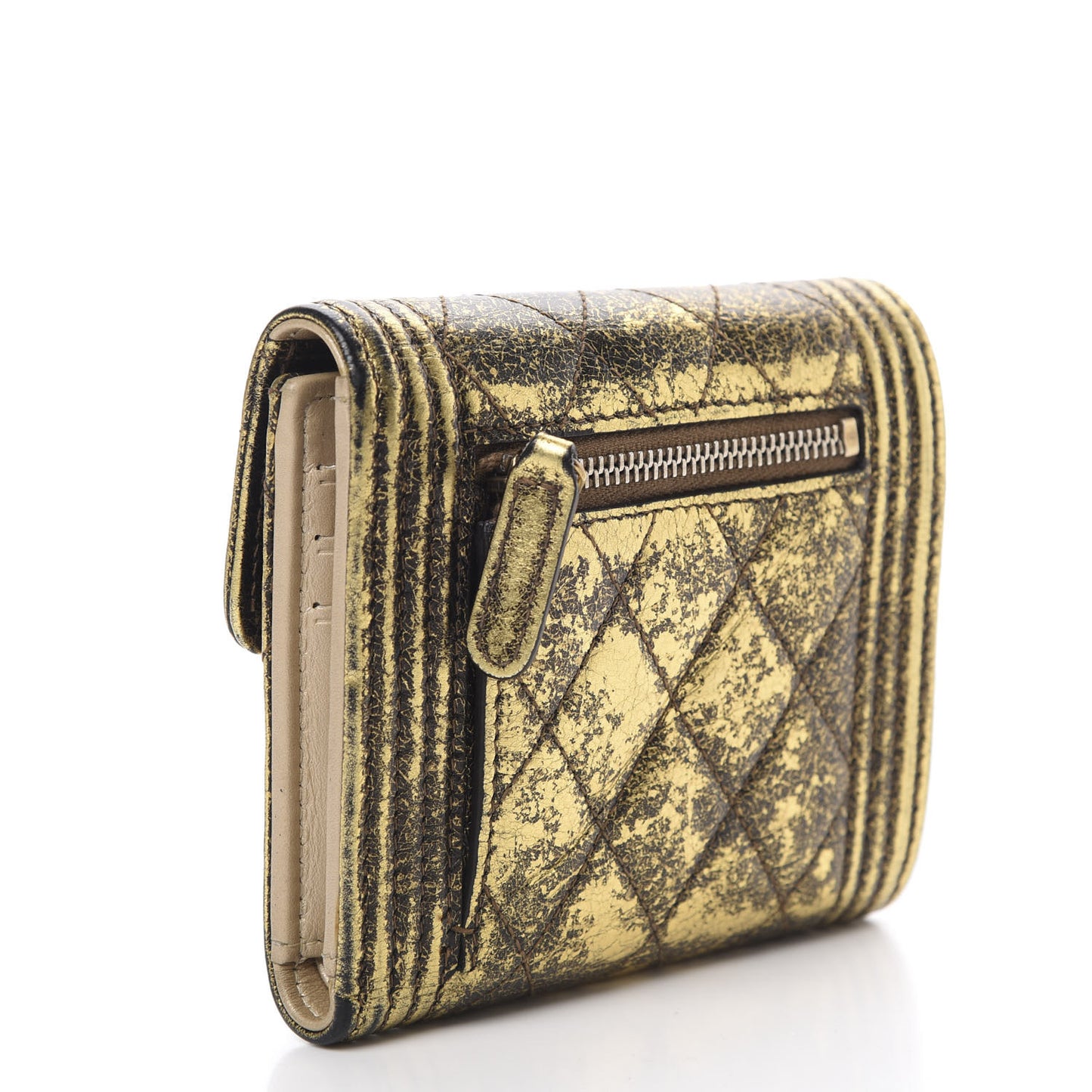 Cracked Metallic Calfskin Quilted Compact Boy Wallet Gold