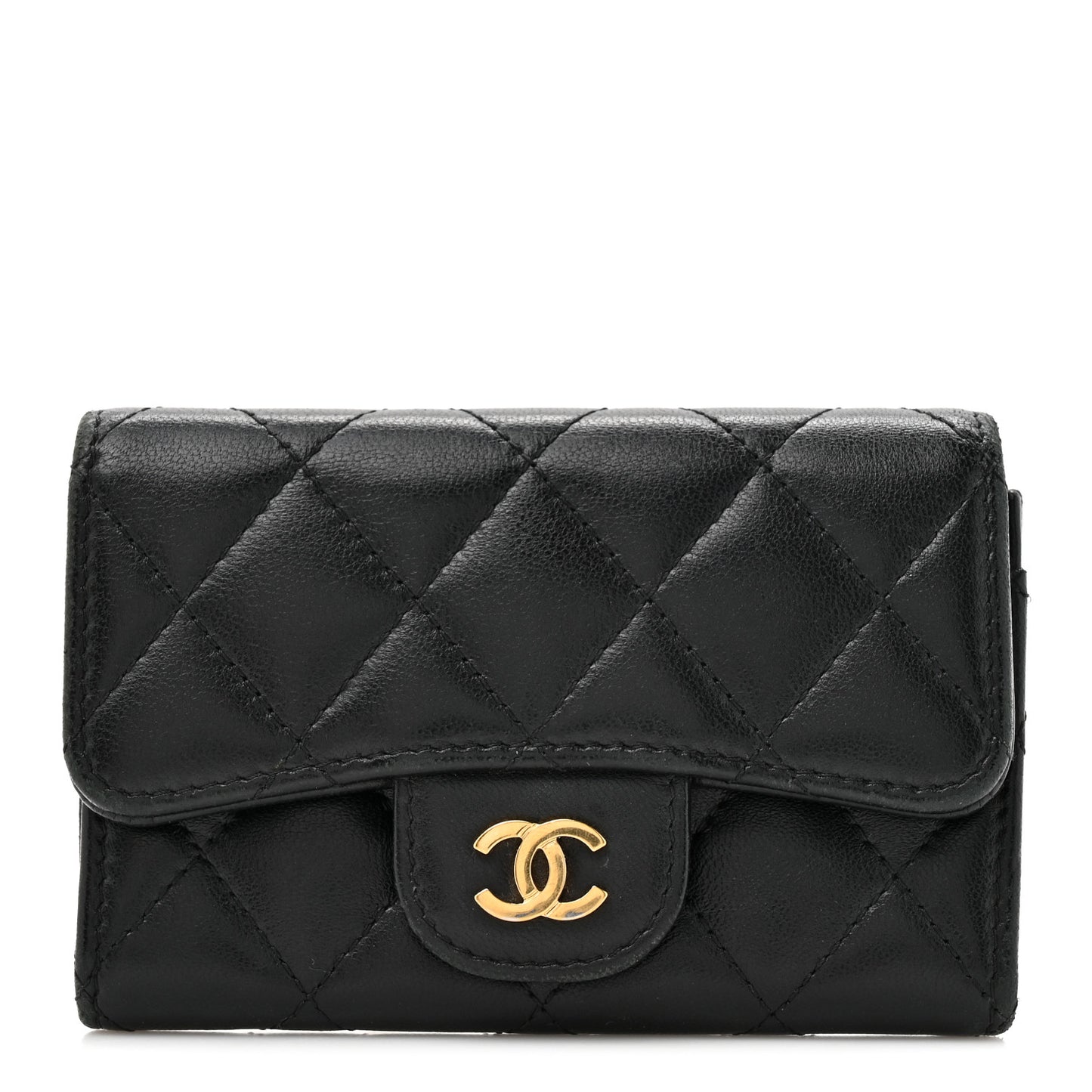 Lambskin Quilted Flap Card Holder Black