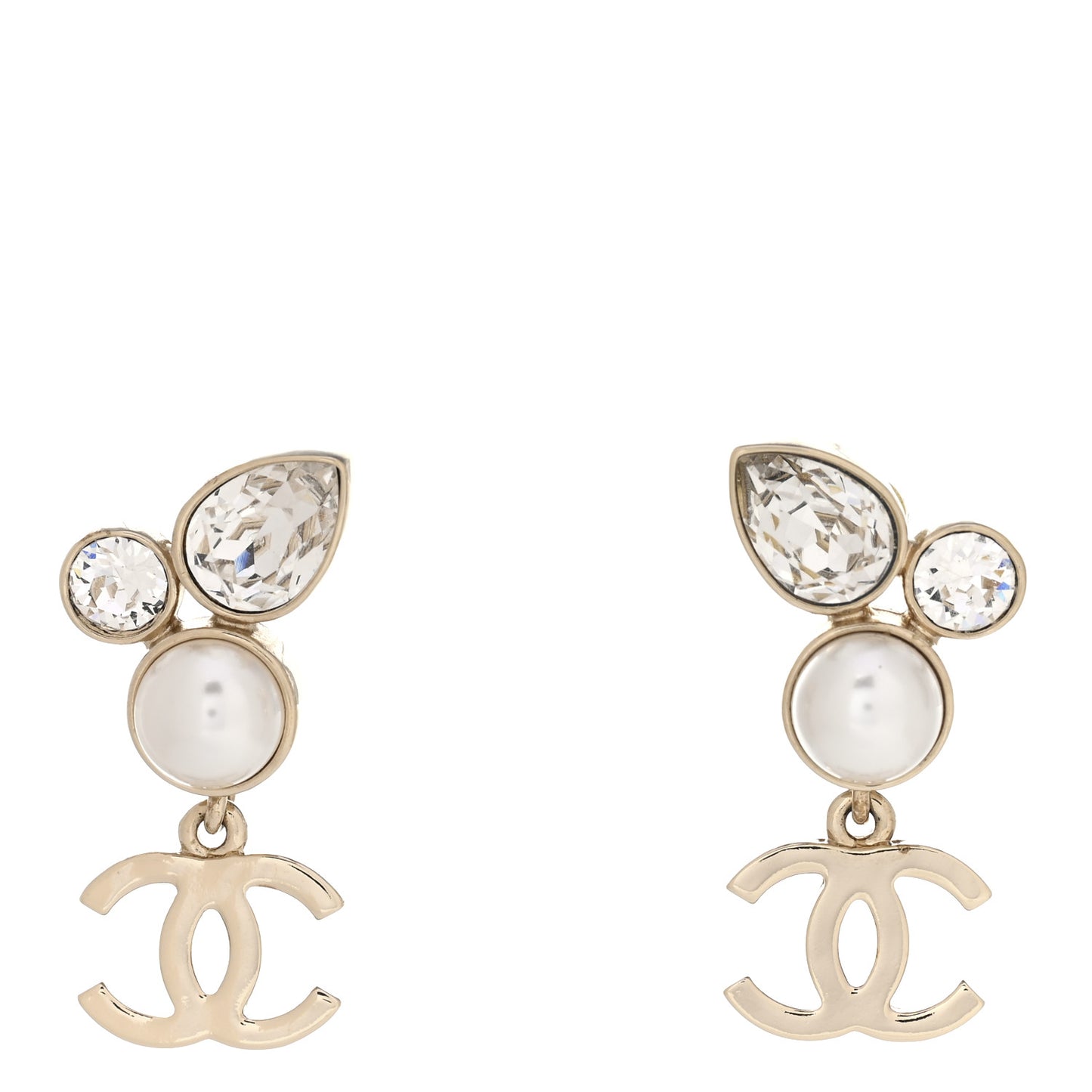 Pearl Crystal CC Drop Earrings Gold