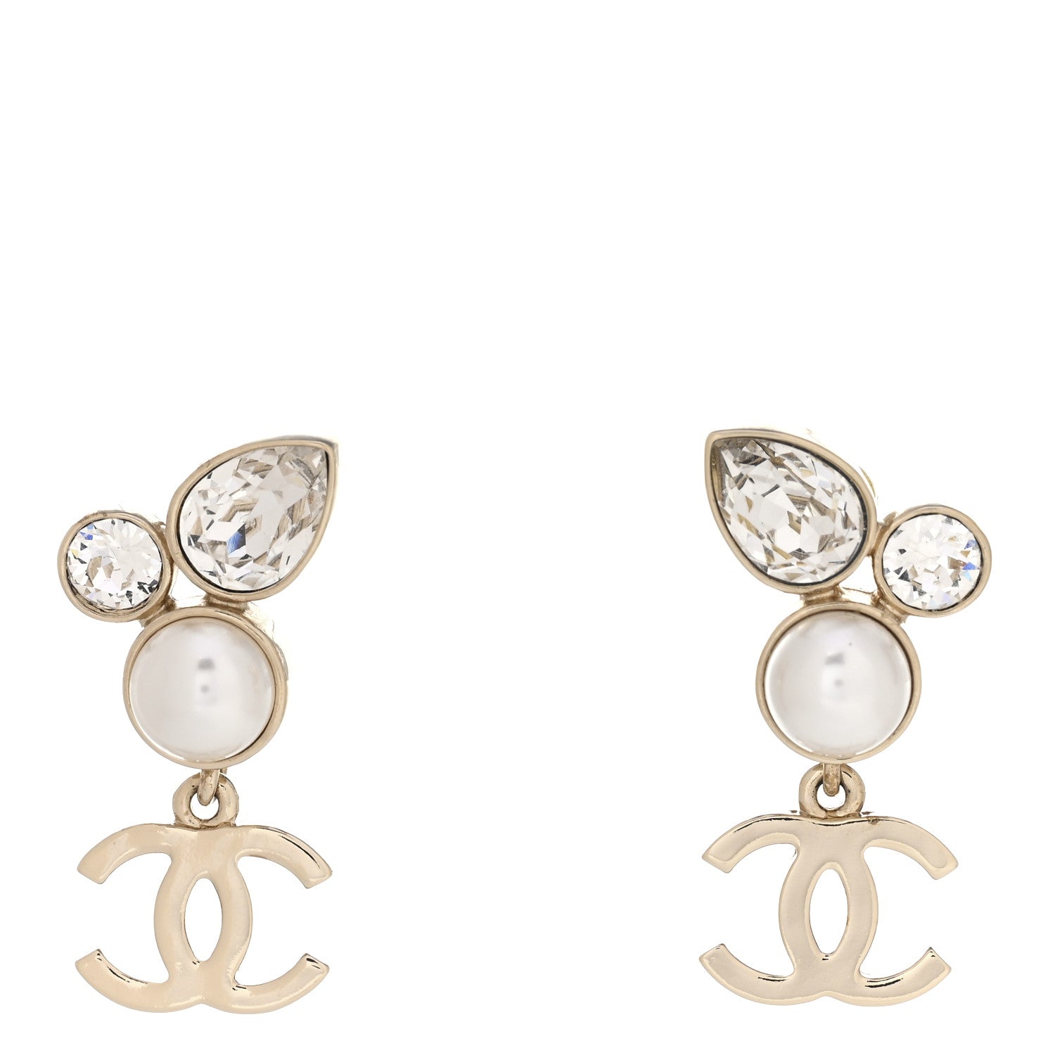 Chanel Pearl Crystal CC Drop Earrings Gold 1 of 4
