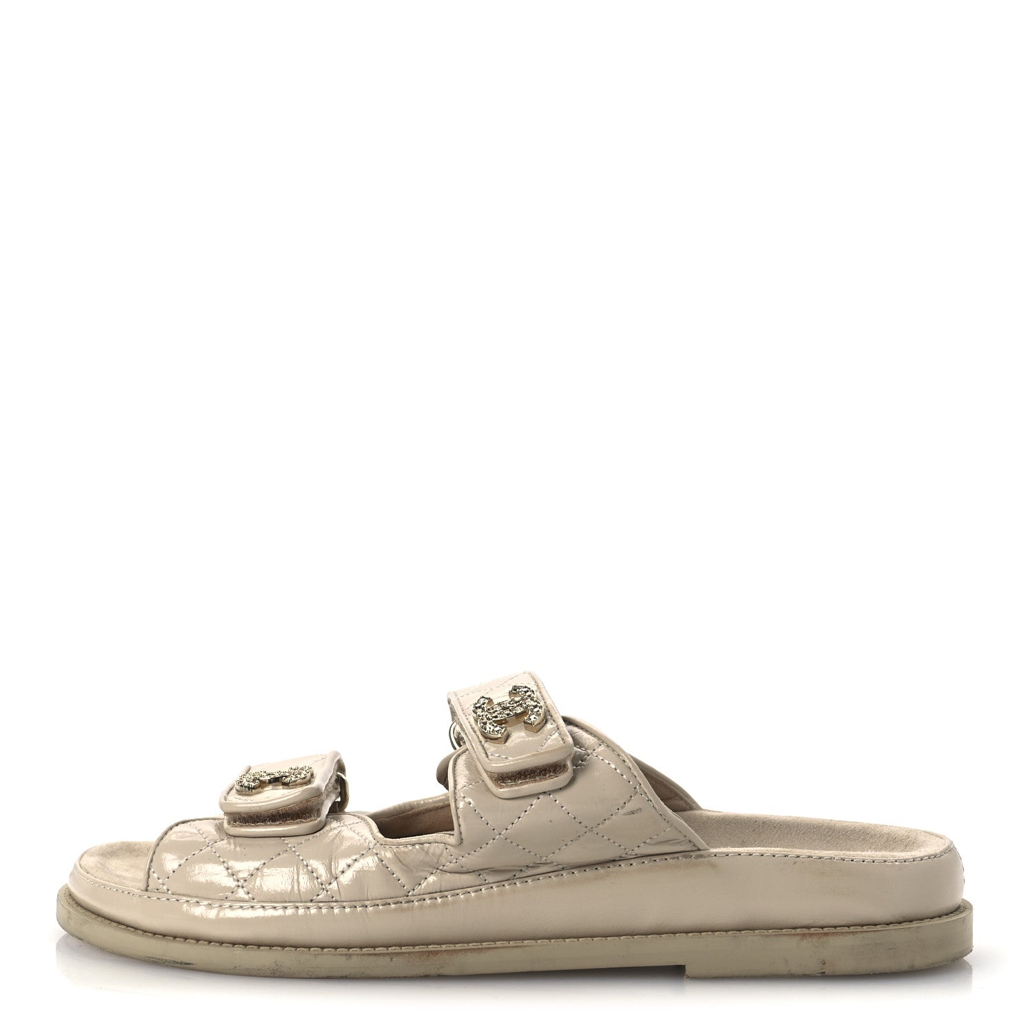 Chanel Shiny Calfskin Quilted Velcro Dad Crystal CC Slide Sandals 39 Beige 1 of 13