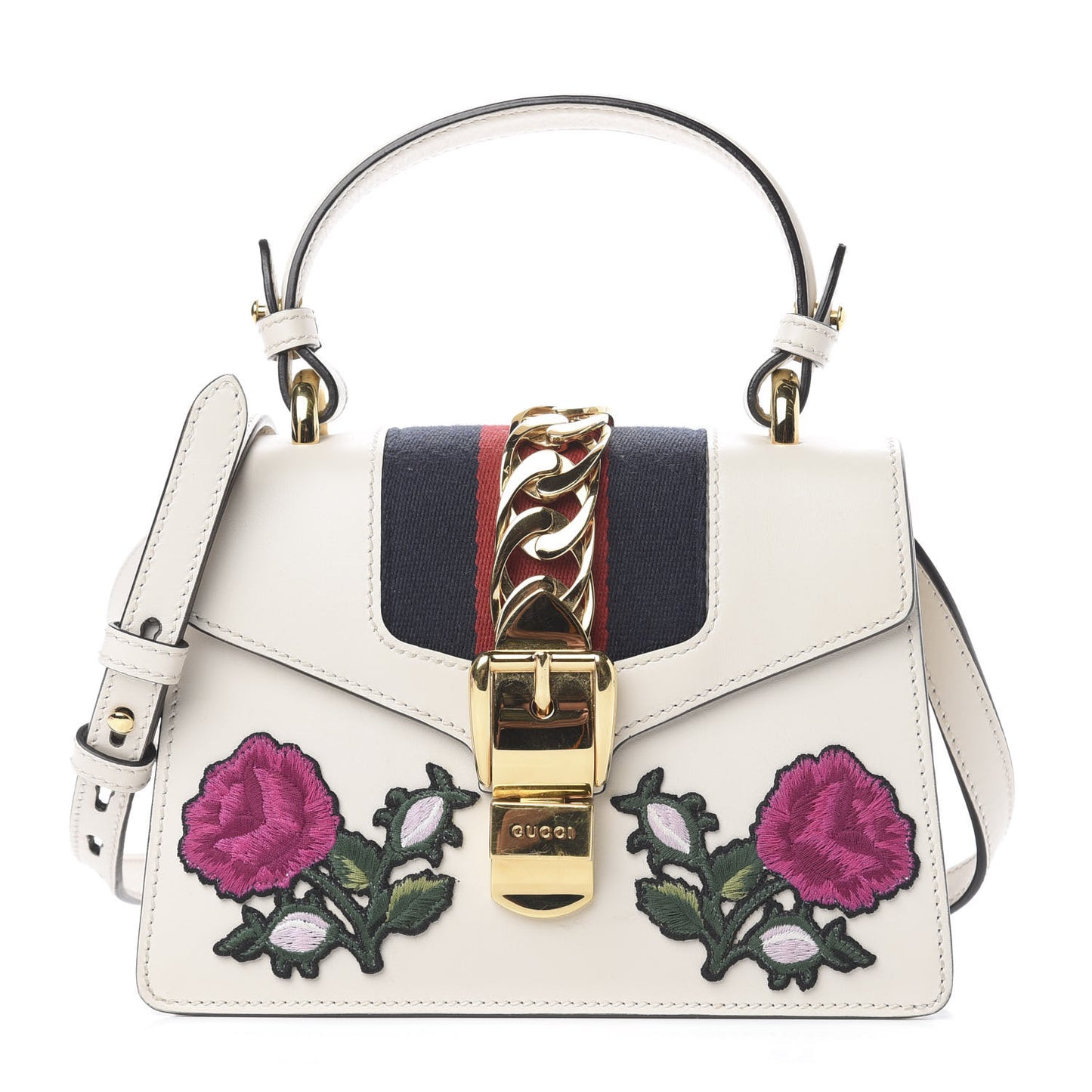 Calfskin Embroidered Mini Sylvie Top Handle Bag White