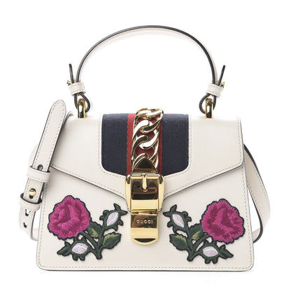 Gucci Calfskin Embroidered Mini Sylvie Top Handle Bag White 1 of 18