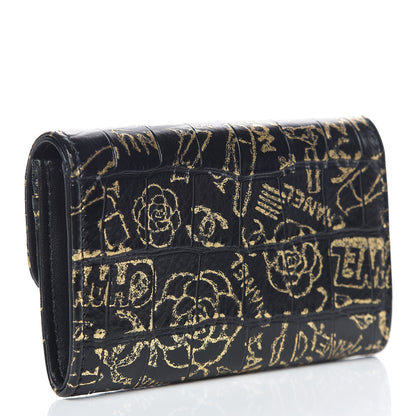 Chanel Calfskin Crocodile Embossed Graffiti 2.55 Cocodile Reissue Flap Card Holder Black Gold 3 of 9