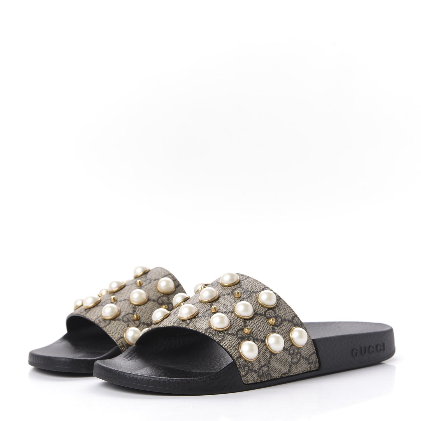 GG Supreme Monogram Pearls Slide Sandals 37 Beige