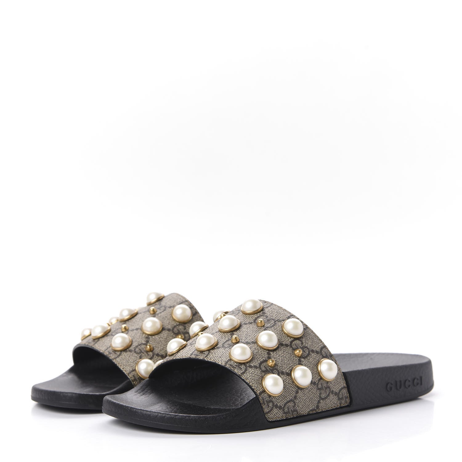 Gucci GG Supreme Monogram Pearls Slide Sandals 37 Beige 3 of 9