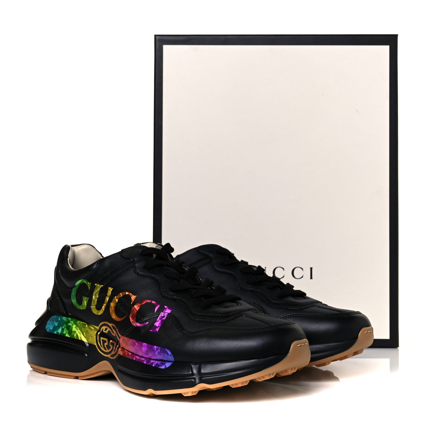 Calfskin Iridescent Logo Mens Rhyton Sneakers 9.5 Black